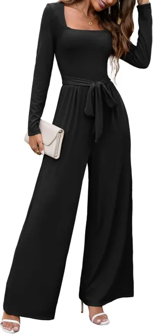 Jumpsuits For Women Dressy Long Sleeve Square Neck Casual Belted Wide Leg Long Pants Romper One Piece Outfits