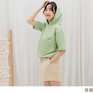 KITTY PRINTED DROP SHOULDER SHORT SLEEVE HOODED TOPS