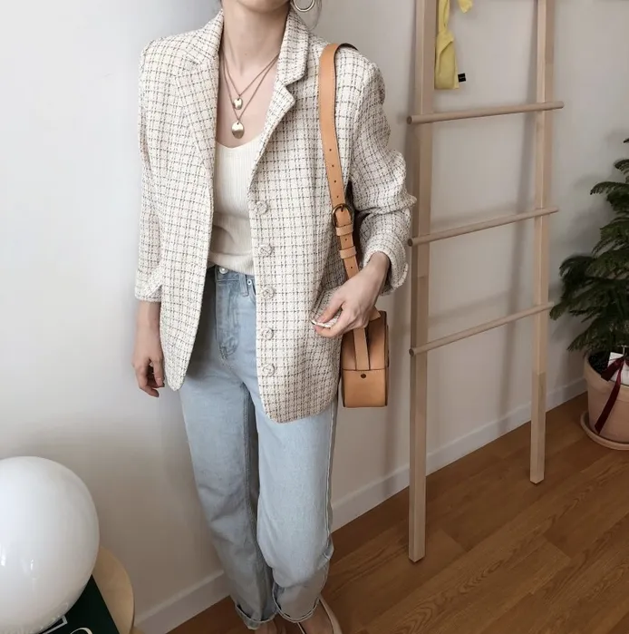 [Korean Style] Chloe Vintage Single Breasted Pattern Blazer