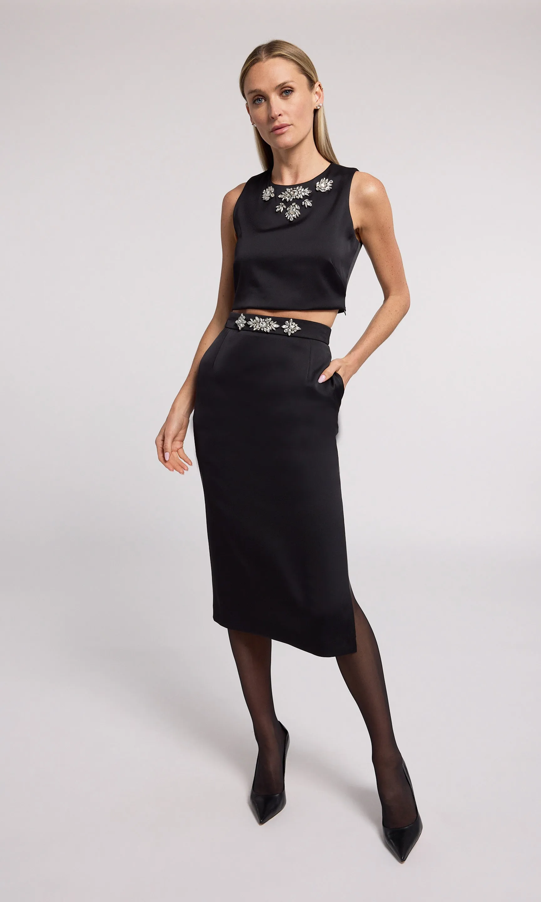 Kori Crystal Embellished Satin Skirt