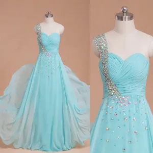 Light blue crystals long prom dresses