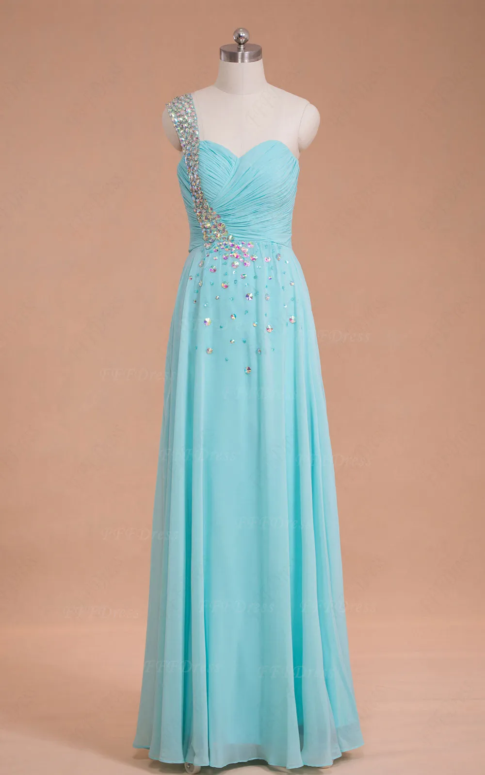Light blue crystals long prom dresses