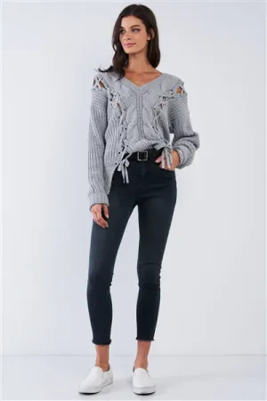Light Grey Cable Knit Draw String Self Tie V-Neck Oversized Sweater