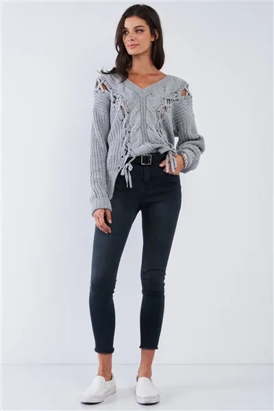 Light Grey Cable Knit Draw String Self Tie V-Neck Oversized Sweater