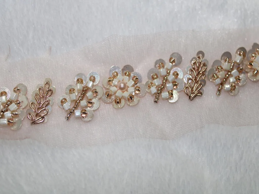 Light Pink White Fancy Sequins Work Embroidered Border
