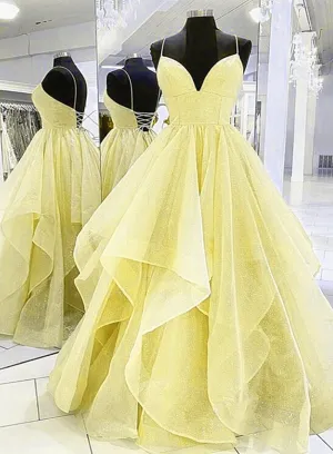 Light Yellow Tulle Straps Long Prom Gown Lace-Up Tulle Evening Dresses
