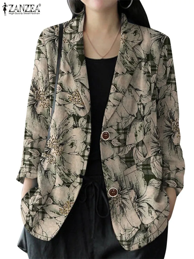 LVSANW ZANZEA Cotton Commute Suit Jackets Autumn 2024 Lapel neck Long Sleeve Women Casual Blazer Vintage Floral Printed Elegant Blazer