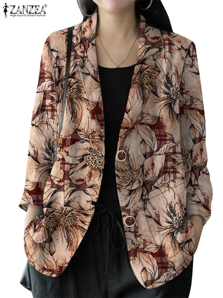 LVSANW ZANZEA Cotton Commute Suit Jackets Autumn 2024 Lapel neck Long Sleeve Women Casual Blazer Vintage Floral Printed Elegant Blazer