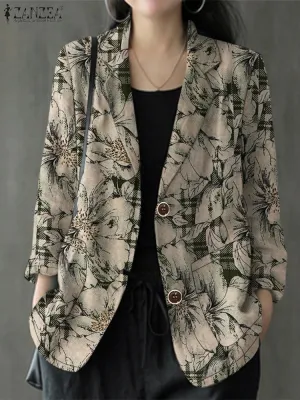 LVSANW ZANZEA Cotton Commute Suit Jackets Autumn 2024 Lapel neck Long Sleeve Women Casual Blazer Vintage Floral Printed Elegant Blazer