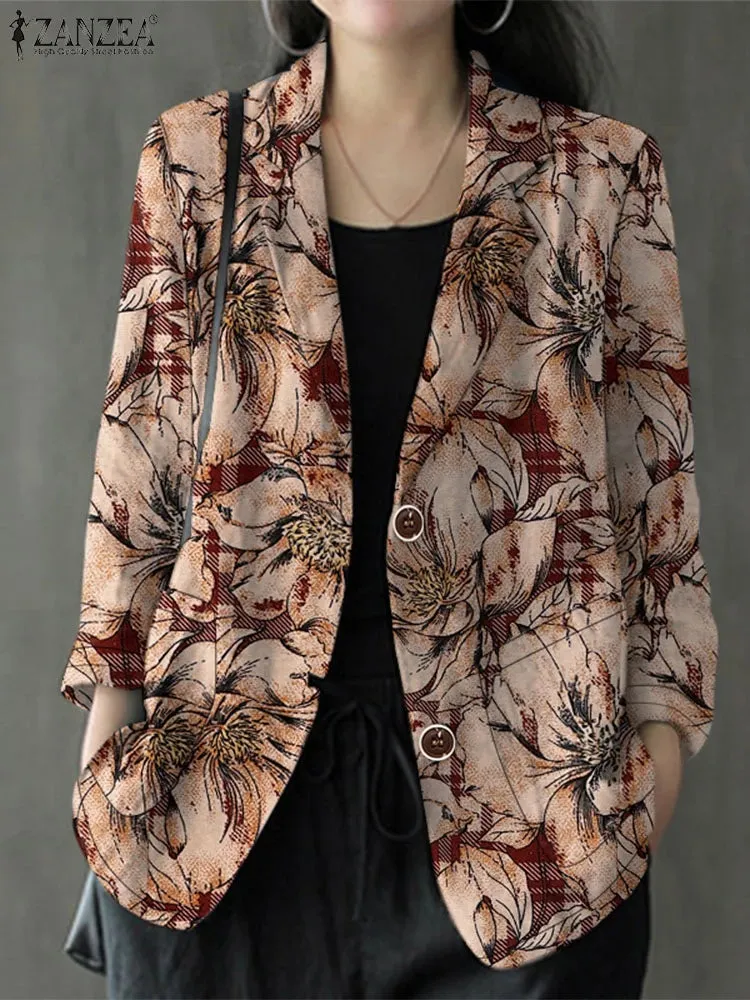 LVSANW ZANZEA Cotton Commute Suit Jackets Autumn 2024 Lapel neck Long Sleeve Women Casual Blazer Vintage Floral Printed Elegant Blazer