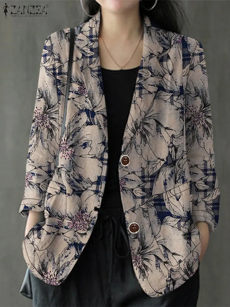 LVSANW ZANZEA Cotton Commute Suit Jackets Autumn 2024 Lapel neck Long Sleeve Women Casual Blazer Vintage Floral Printed Elegant Blazer