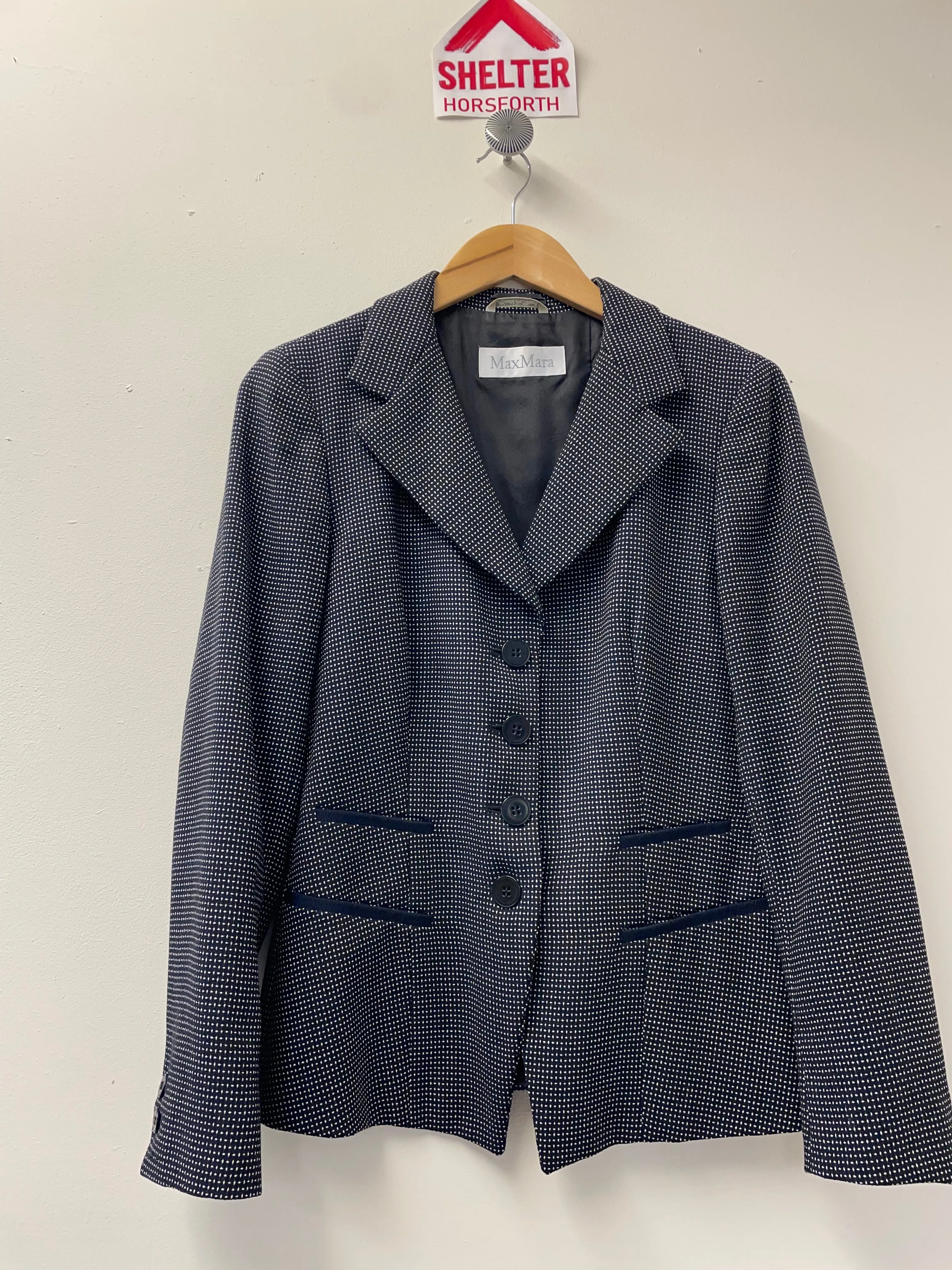 Max Mara Navy and White Pure Wool Formal Blazer