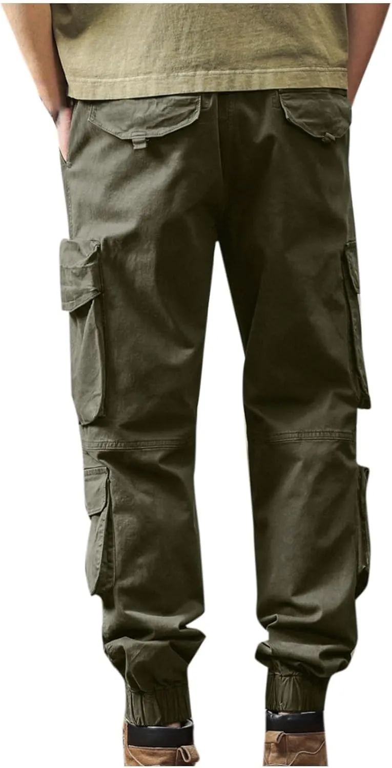 Men's Hiking Cargo Pants Joggers Slim Fit Stretch Lightweight Casual Work Pants with Multi Pockets Drawstring Waist