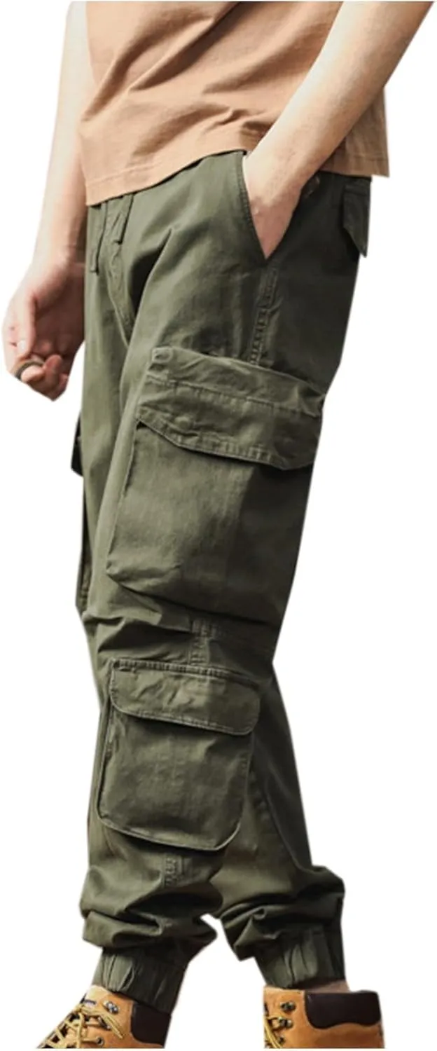 Men's Hiking Cargo Pants Joggers Slim Fit Stretch Lightweight Casual Work Pants with Multi Pockets Drawstring Waist