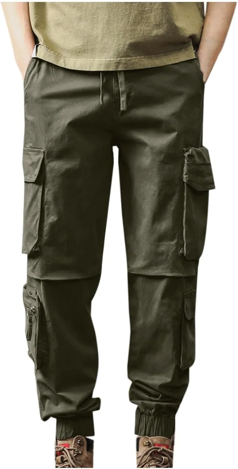 Men's Hiking Cargo Pants Joggers Slim Fit Stretch Lightweight Casual Work Pants with Multi Pockets Drawstring Waist