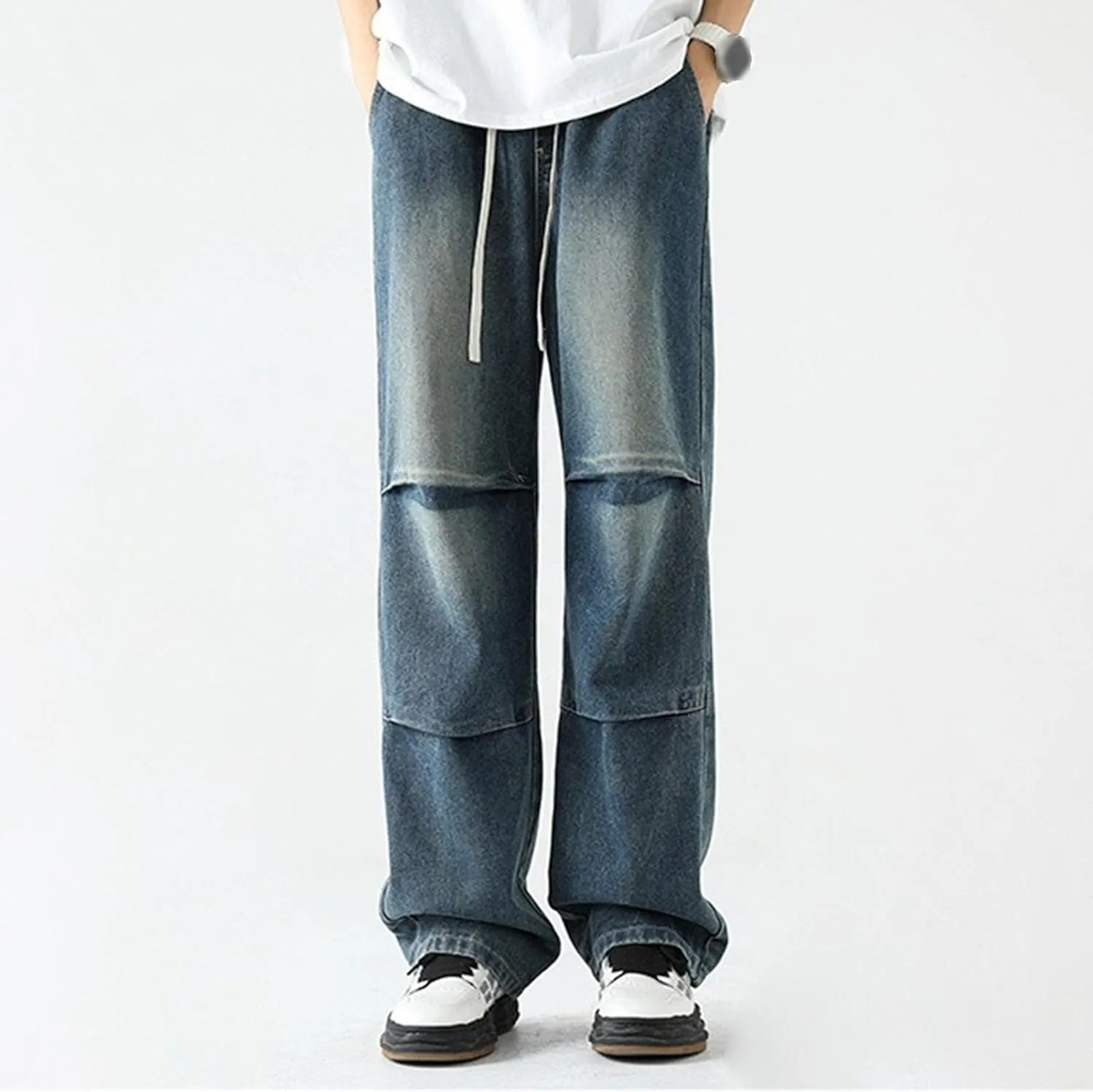 Men's Stretch Jeans Slim Straight Cargo Jeans Straight Comfort Elastic Waist Casual Pants Hip Hop Pants with Pockets
