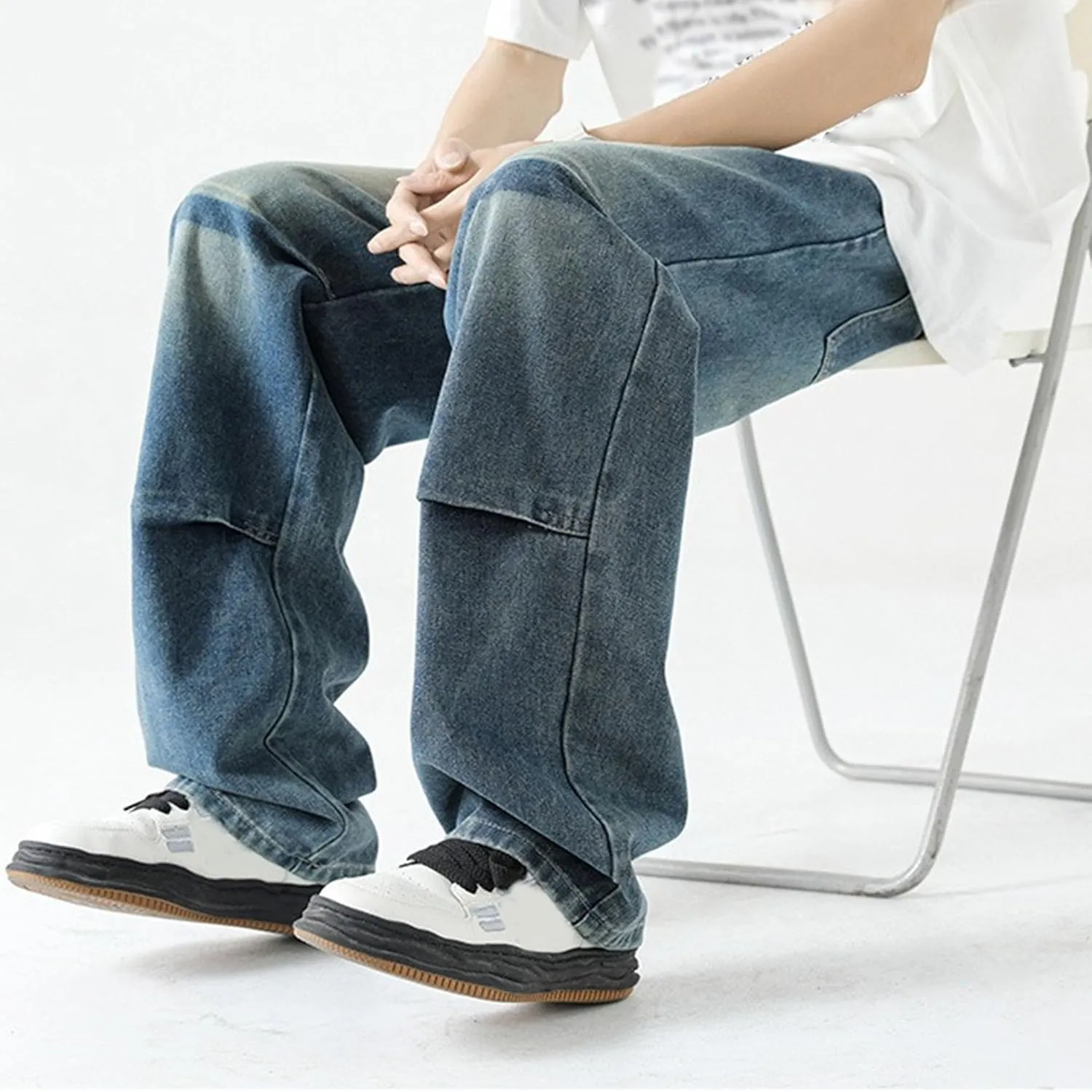 Men's Stretch Jeans Slim Straight Cargo Jeans Straight Comfort Elastic Waist Casual Pants Hip Hop Pants with Pockets