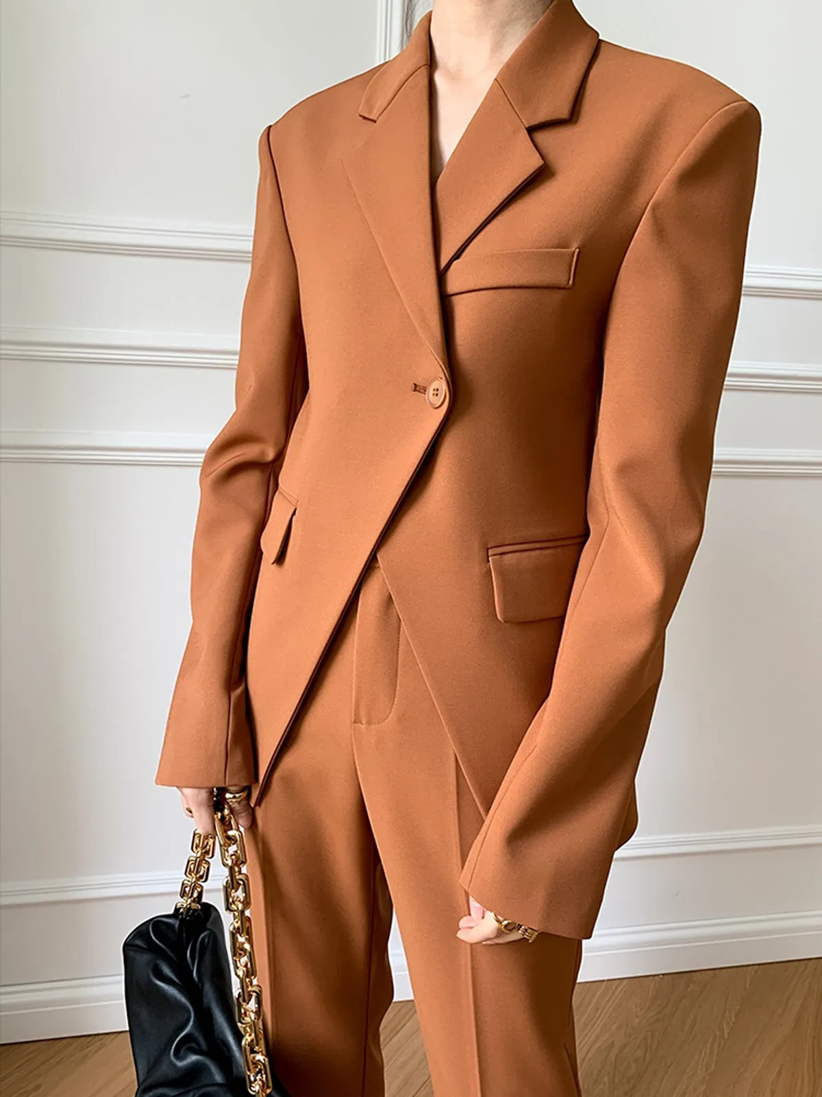 Notch Lapel Single Front-Button Fitted Blazer and Pants - Orange