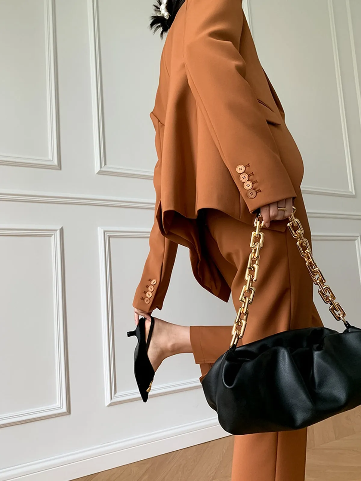Notch Lapel Single Front-Button Fitted Blazer and Pants - Orange