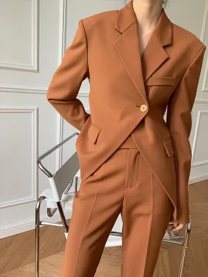 Notch Lapel Single Front-Button Fitted Blazer and Pants - Orange