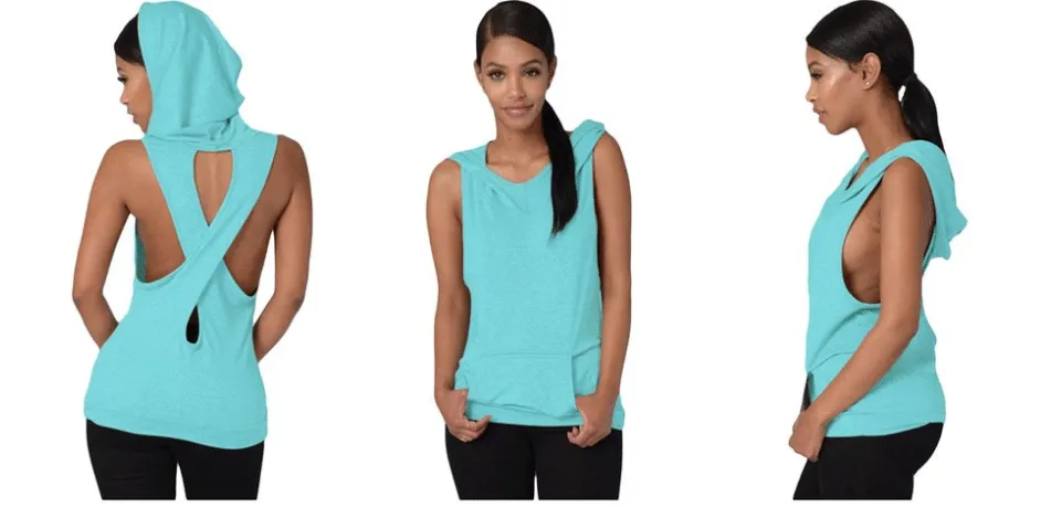 Open Back Cross Sleeveless Hooded Tank Top Hoodie
