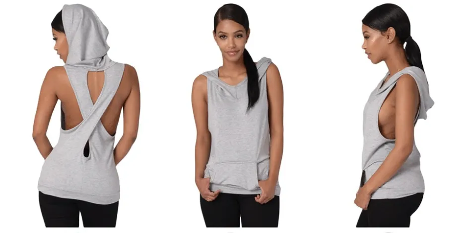 Open Back Cross Sleeveless Hooded Tank Top Hoodie