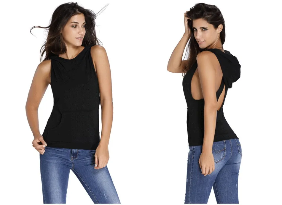 Open Back Cross Sleeveless Hooded Tank Top Hoodie