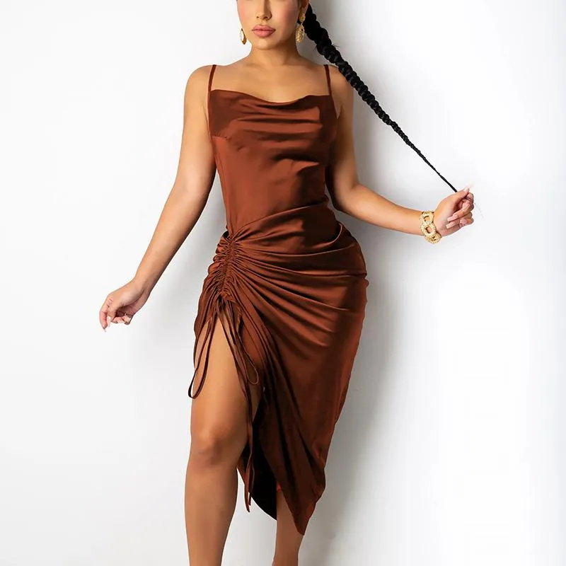 Open Back Lace Up Pleated Split Suspender Dress