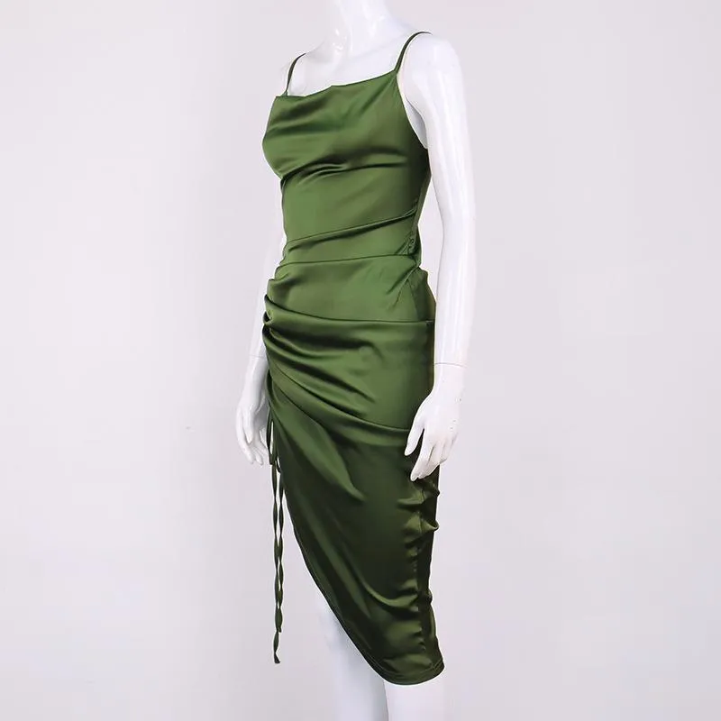 Open Back Lace Up Pleated Split Suspender Dress