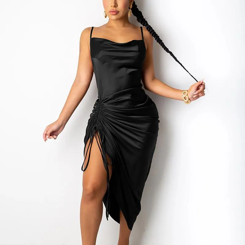 Open Back Lace Up Pleated Split Suspender Dress