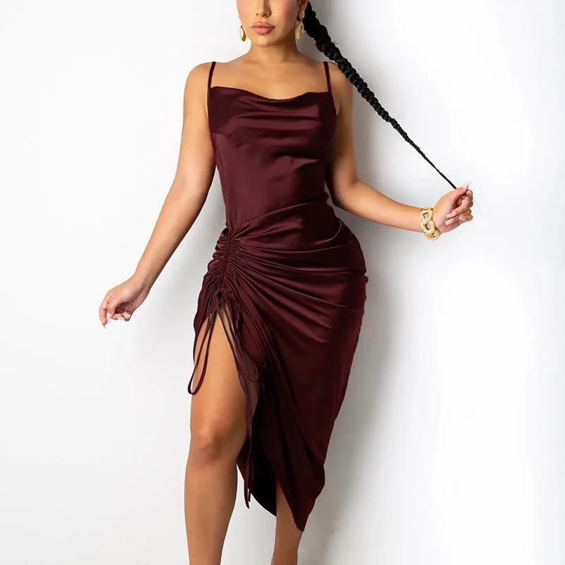 Open Back Lace Up Pleated Split Suspender Dress