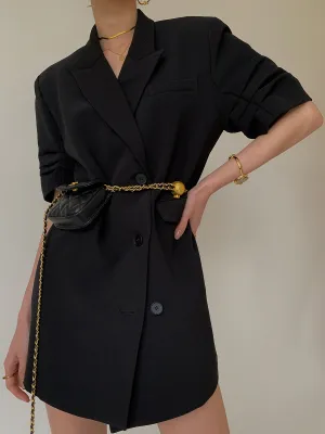 Peak Lapel Short Sleeve Crop Blazer - Black