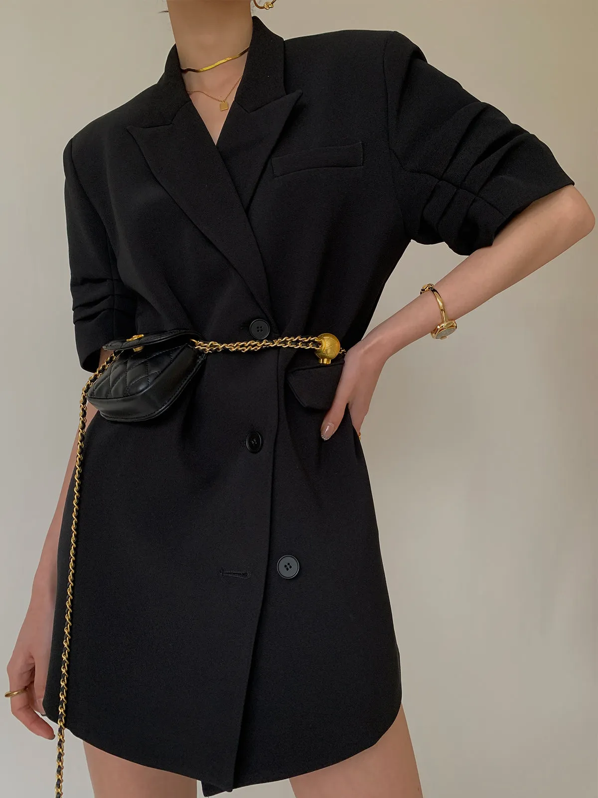 Peak Lapel Short Sleeve Crop Blazer - Black