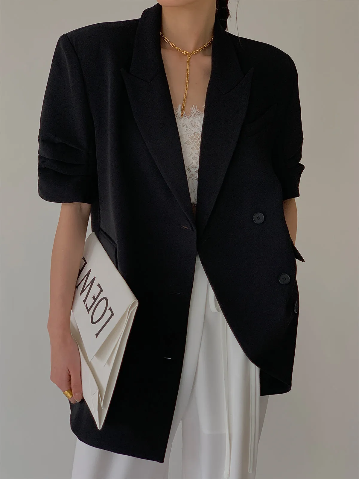 Peak Lapel Short Sleeve Crop Blazer - Black