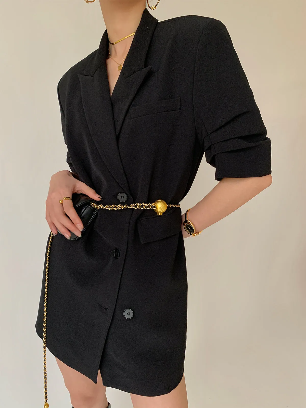Peak Lapel Short Sleeve Crop Blazer - Black