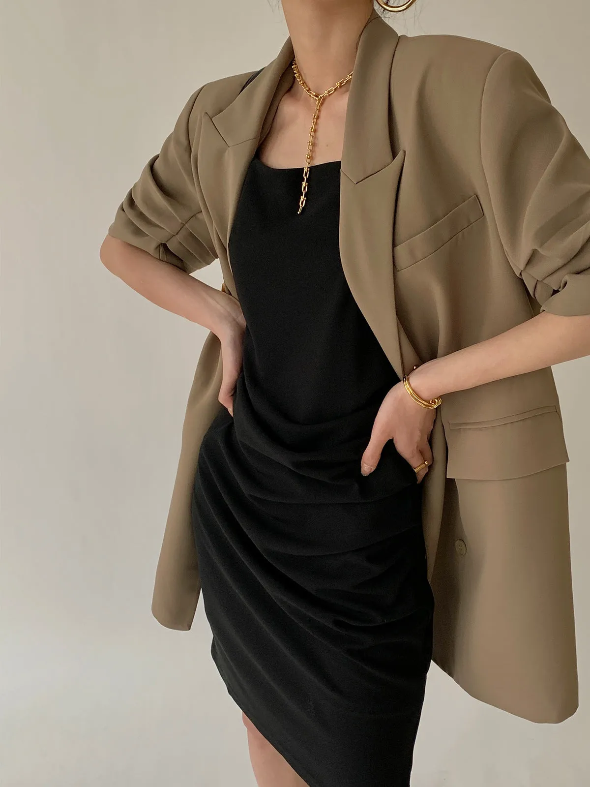 Peak Lapel Short Sleeve Crop Blazer - Khaki