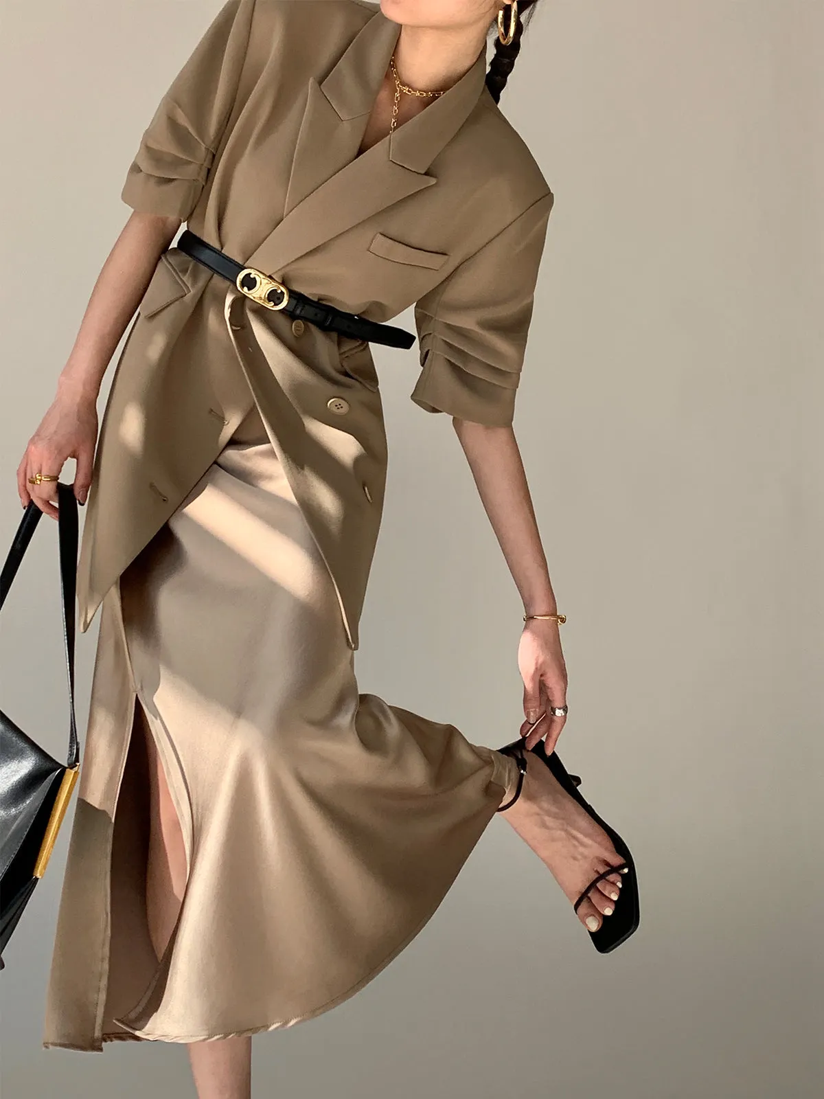 Peak Lapel Short Sleeve Crop Blazer - Khaki