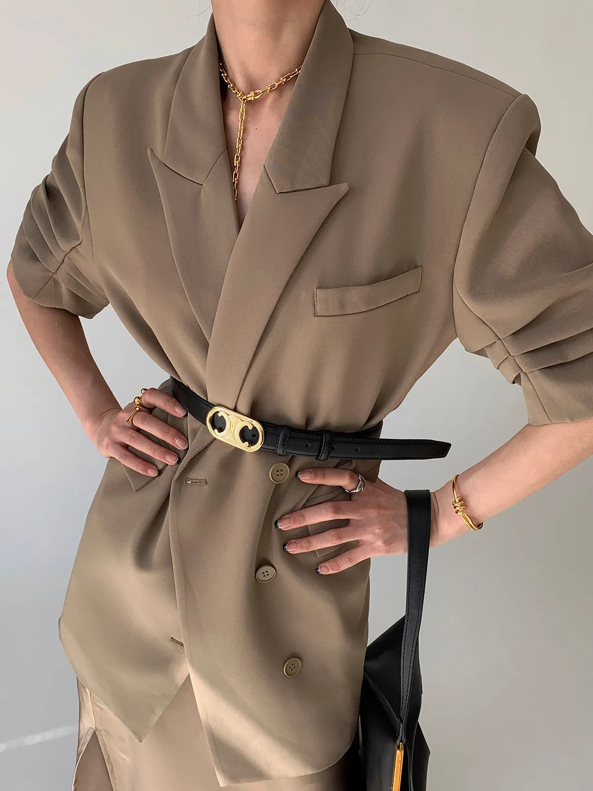 Peak Lapel Short Sleeve Crop Blazer - Khaki