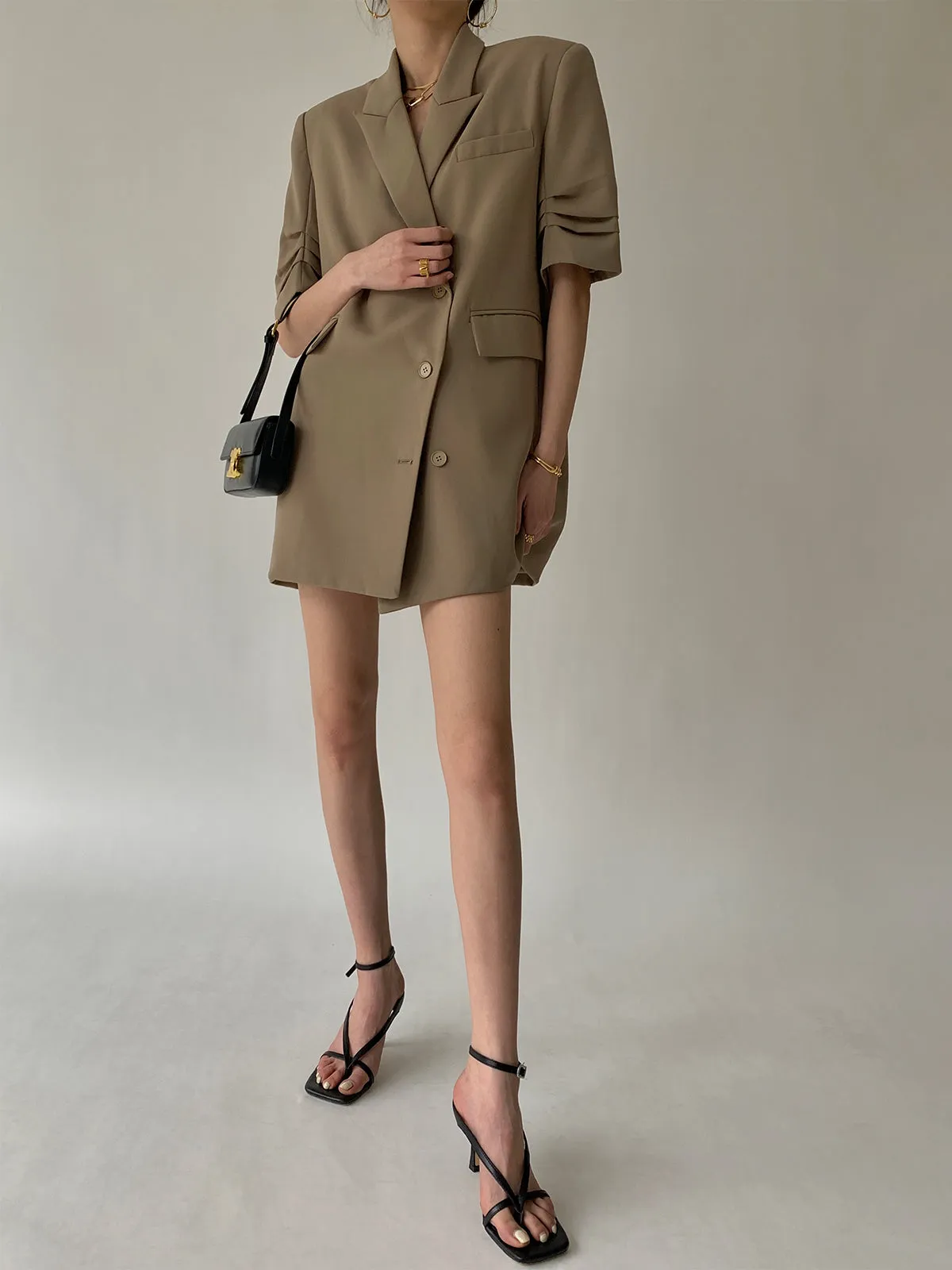 Peak Lapel Short Sleeve Crop Blazer - Khaki