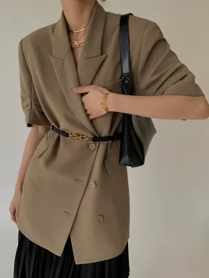 Peak Lapel Short Sleeve Crop Blazer - Khaki