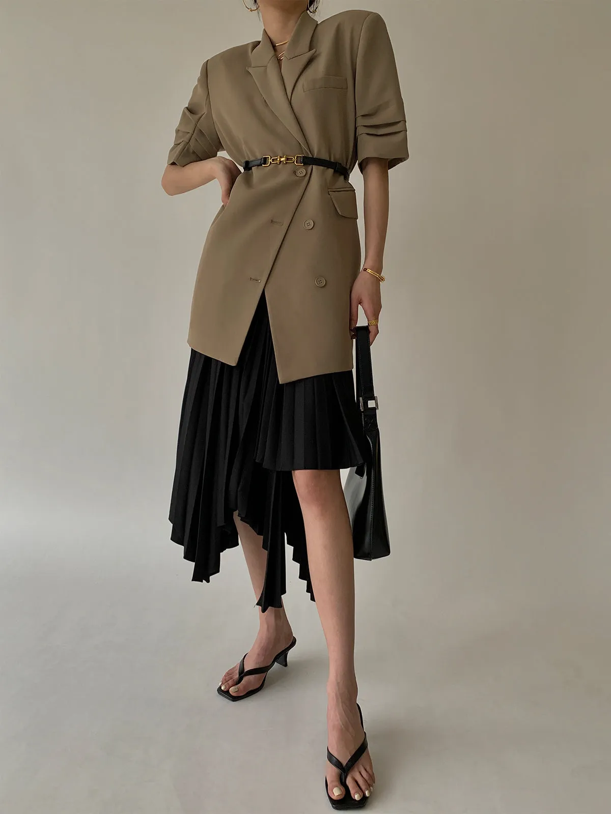 Peak Lapel Short Sleeve Crop Blazer - Khaki