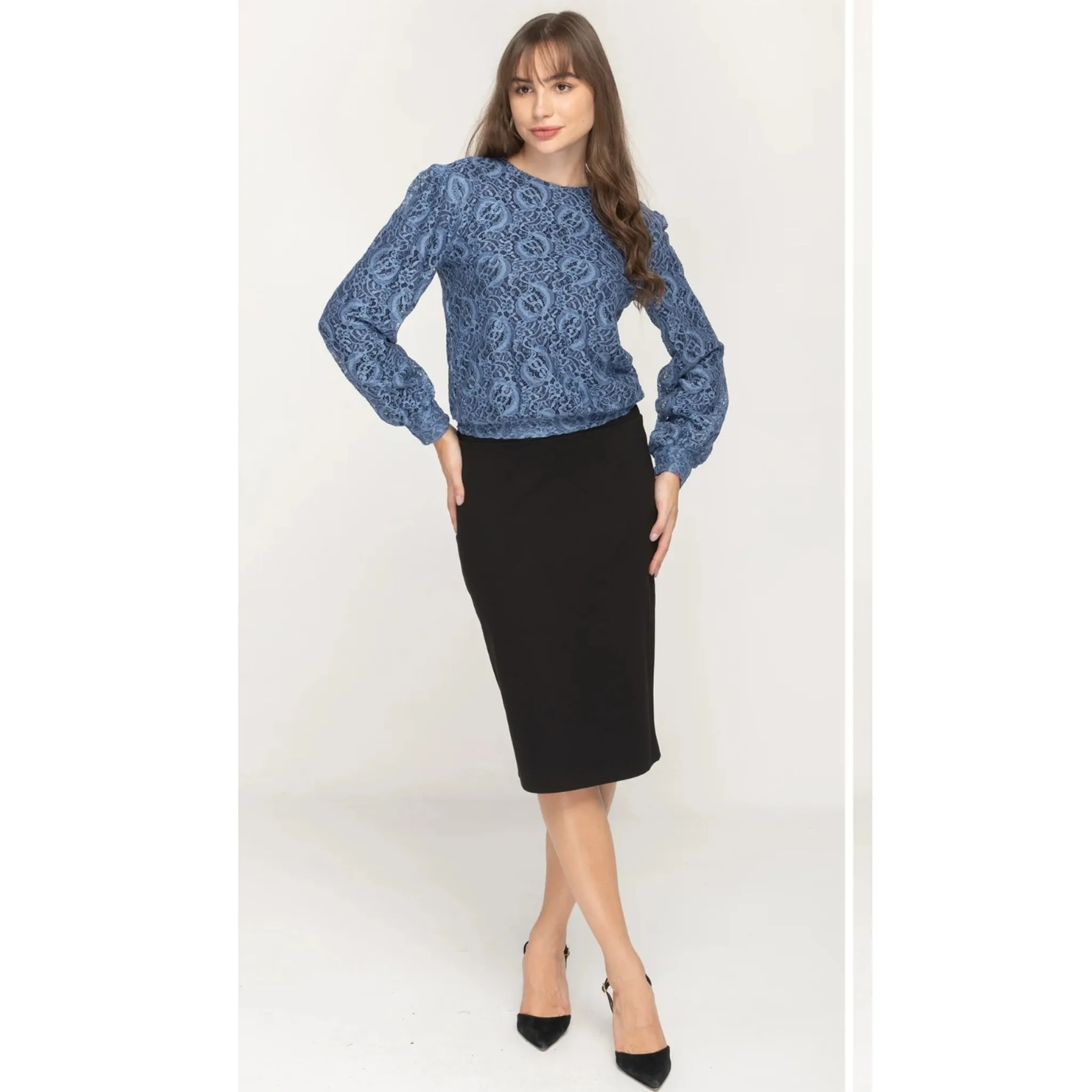 Puffy Sleeve Blouse Blue Lace