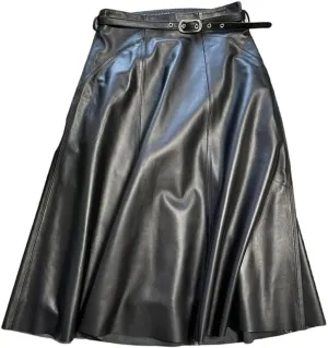 Pulcykp Women Leather A-Line Midi Skirt High Waist Knee-Length Skirt with Belt Slim Real Leather Skirts
