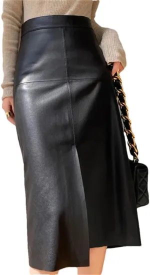 Pulcykp Women Leather Pencil Midi Skirt Wrap Front Slit Slim Sexy Long Skirt Soild High Waist Office Skirt