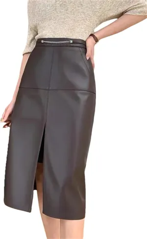 Pulcykp Women Leather Slit Wrapped Skirt High Waist Solid Midi Skirt Bodycon Sexy Skirt