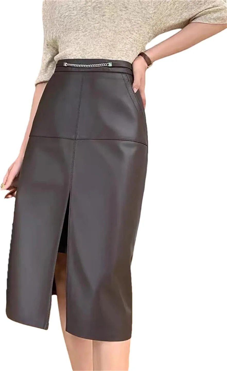 Pulcykp Women Leather Slit Wrapped Skirt High Waist Solid Midi Skirt Bodycon Sexy Skirt
