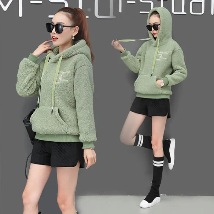 Pullover Drawstring Letter Print Pocket Teddy Hoodie