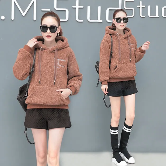 Pullover Drawstring Letter Print Pocket Teddy Hoodie