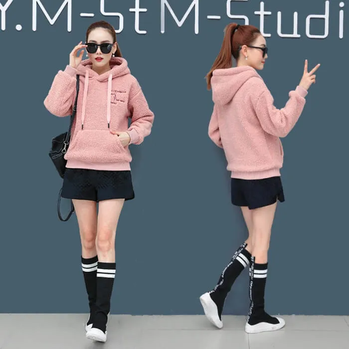Pullover Drawstring Letter Print Pocket Teddy Hoodie