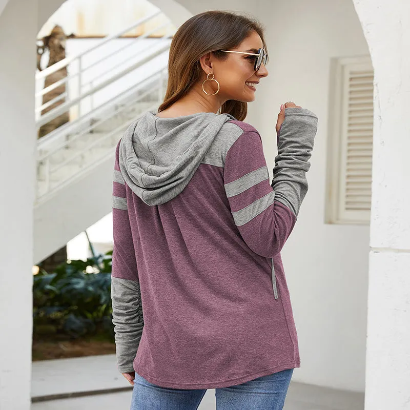 Pullover Drawstring Patchwork Slim Long Hoodie